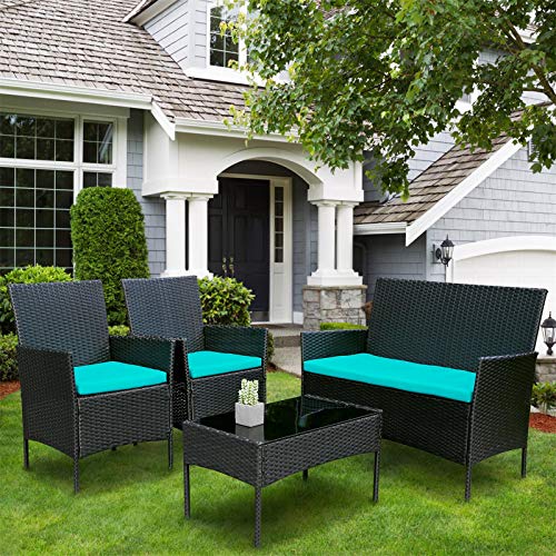 Viewee 4 Pieces Outdoor Patio Furniture Sets Rattan Wicker Patio Set with 2 Cushioned Chairs (Blue Cushion) & A Double Sofa & 1 Glass Top Patio Table
