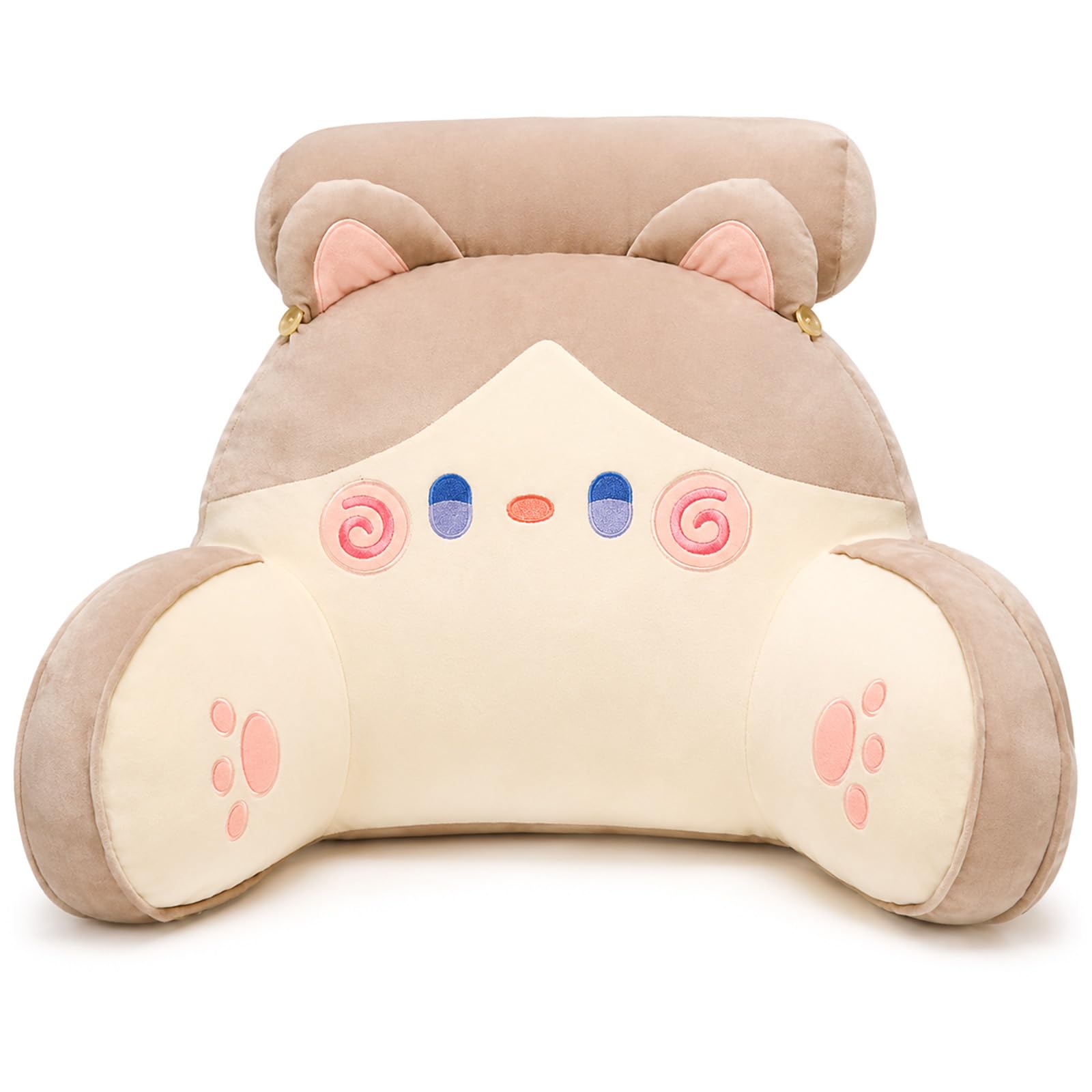 Rückenkissen, Lesekissen Aus Weichem Plüsch Mit PP-Füllung, Lesekissen Für Bett Mit Hoher Rückenlehne & 2 Armlehnen, Für Sofa, Gaming, Kinder, Studenten & Zimmerdeko,Cream cat,75X50CM