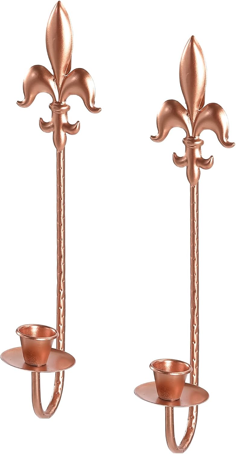 Fleur De Lis Wrought Iron Candle Sconces Set of 2, Rustic Candle Holders Hanging for Living Room Farmhouse Fireplace Wedding (Antique Copper)
