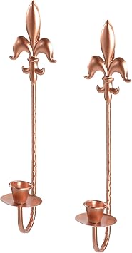 Rose Gold Metal Candle Sconces Wall Decor Set of 2 - Elegant Fleur De Lis Wall Mounted Candle Holders, 13.5" Vintage Decorative Candle Holder for Home Decor, Wedding, Dining Room, Bedroom