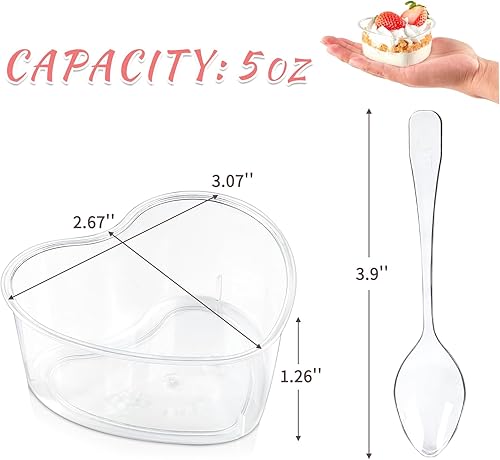 Miniatura 2 de Qeirudu Vasos de postre en forma de corazón de 5 onzas con cucharas, paquete de 50 mini tazas de plástico para parfait para fiesta del día de San