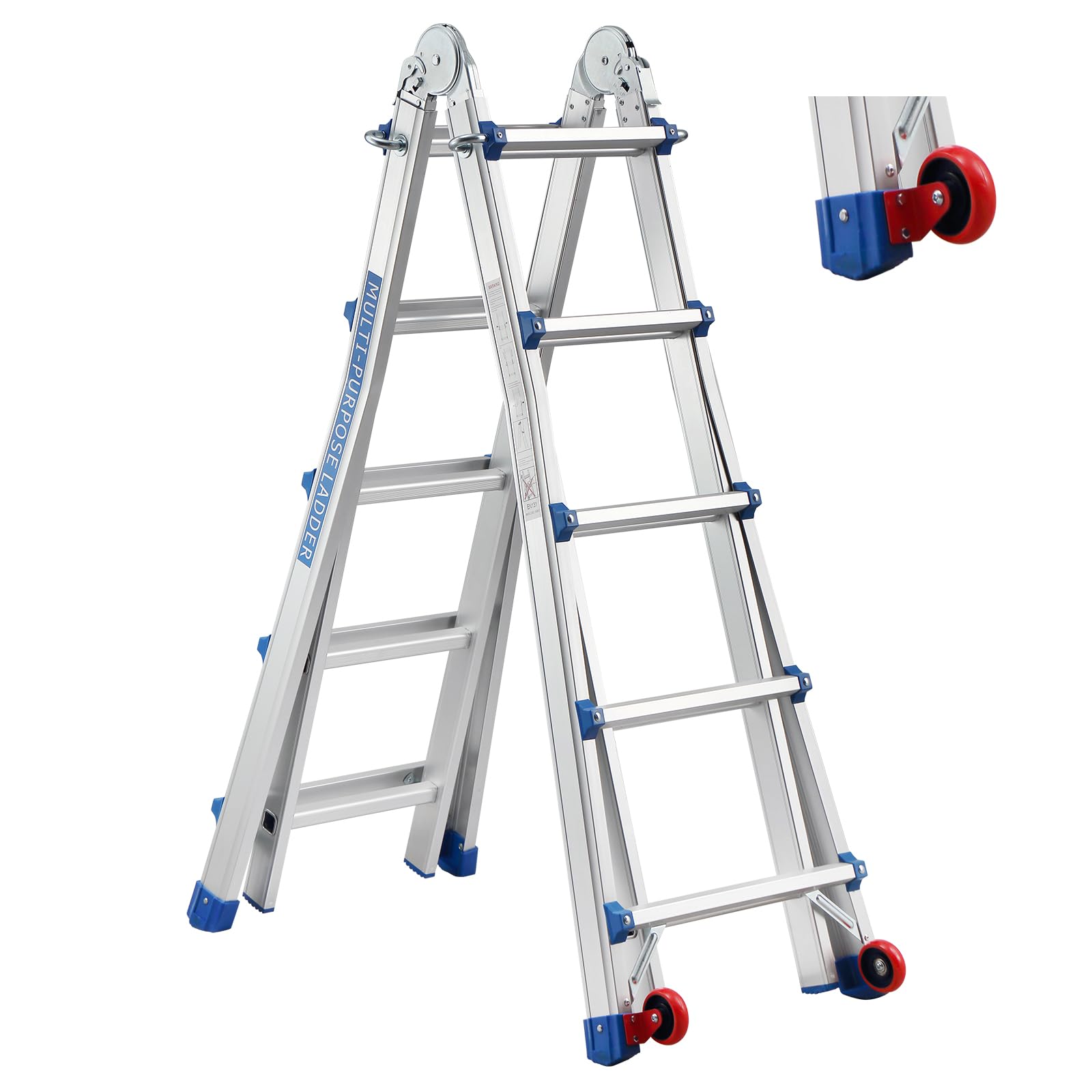 TEENO Escalera de Aluminio Multifunción 5.1 M| 5x5 Peldaños| Escalera Telescópica 5 en 1 con Desmontable Ruedas y Base Triangular Reforzada| Carga Máxima 150 kg