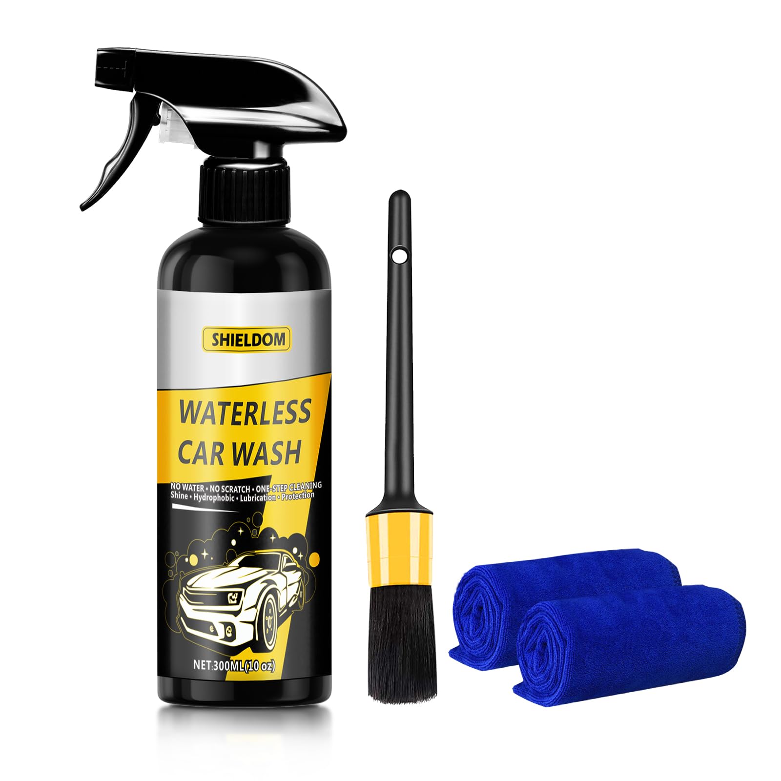 SHIELDOM Waterless Wash & Wax Waterless Car Cleaning Spray for Maximum Shine Rinseless Cleaner and Protection Makes Detailing Quick & Easy, Incl. 2