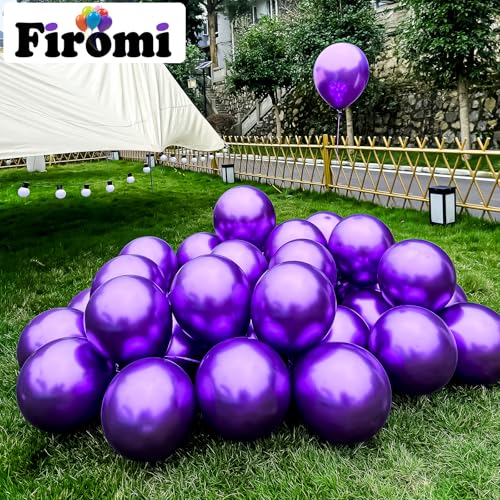 Image of Firomi Metallic Chrome Purple Balloons 12-inch 100 Pack (with 3 Ribbons)