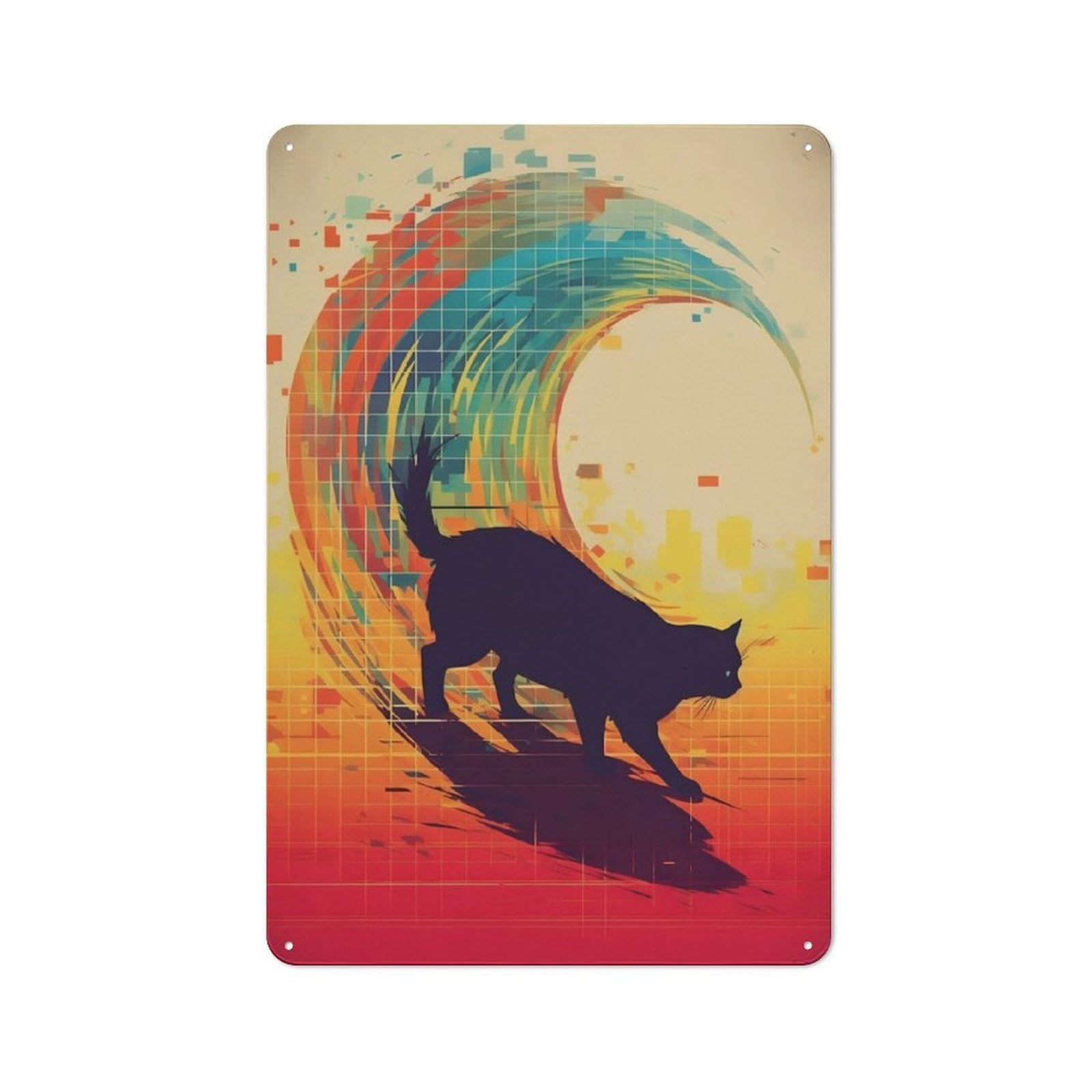 Junmoney Cat Pixel Wave Rustic Tin Wall Plaque 30X20cm For Home Office Or Studio, For Garage, Workshop And Man Cave Decoration