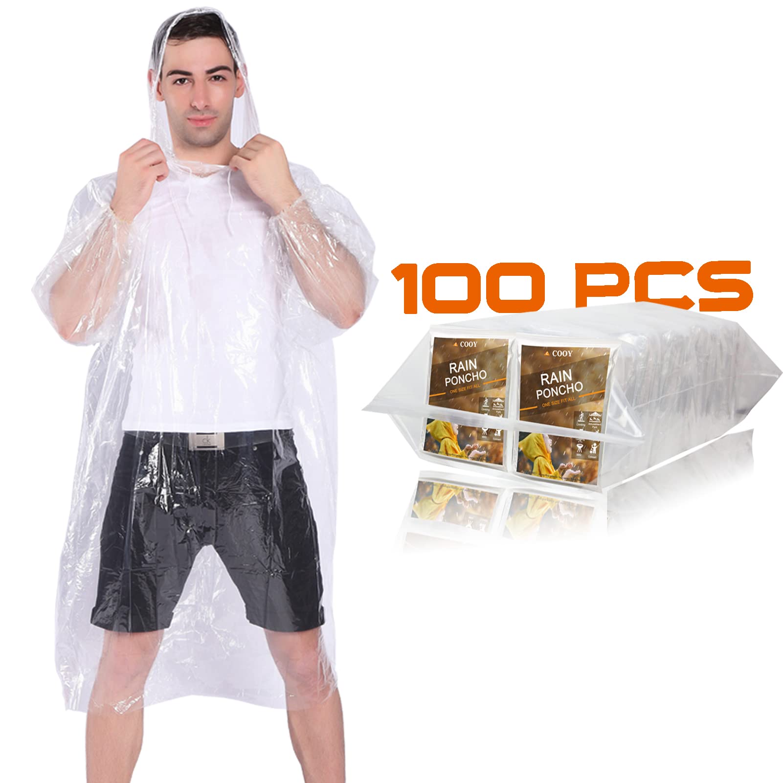 COOY Ponchos de lluvia con capucha con cordón de emergencia desechables para niños, perfectos para Disneyland, (paquete de 100), transparente