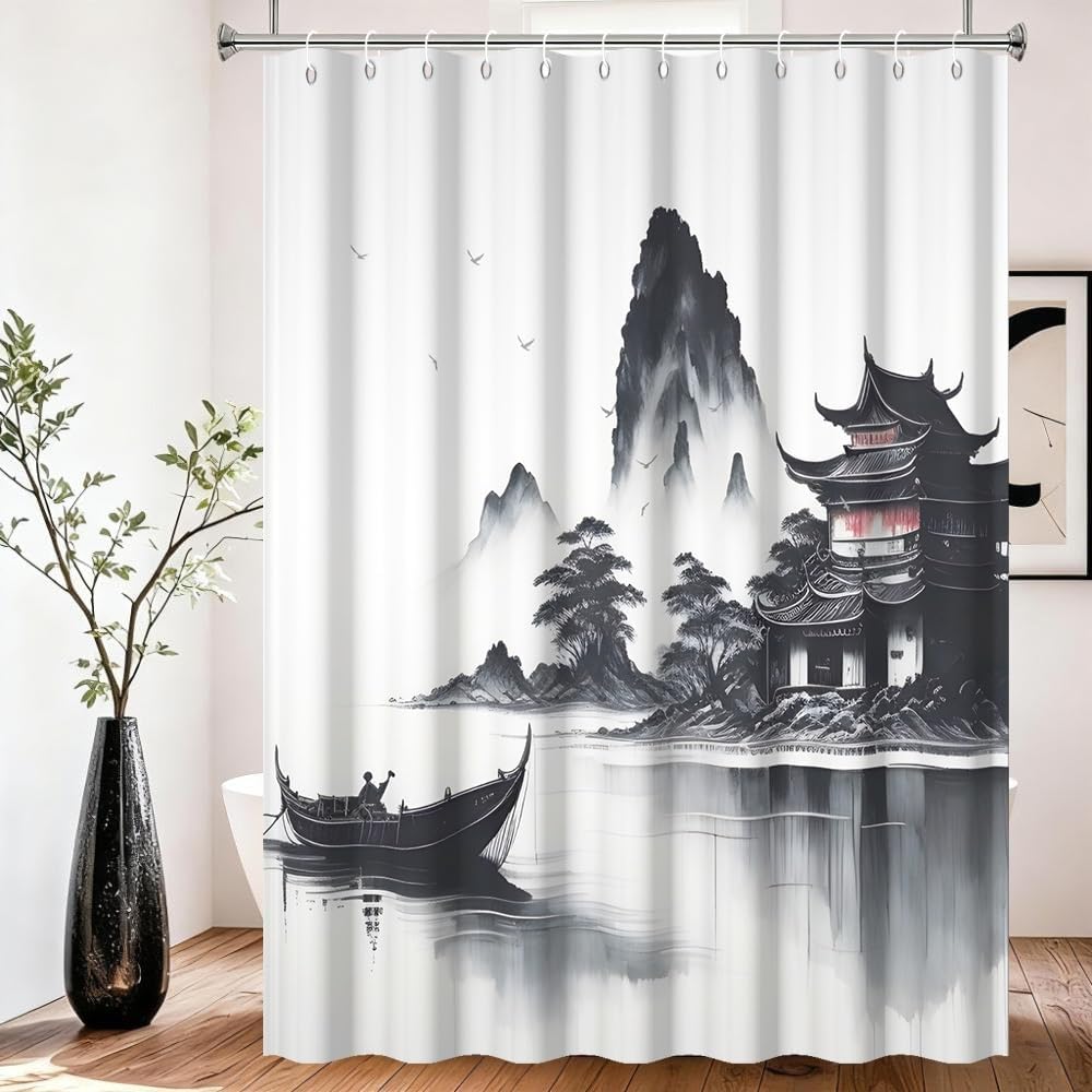 YEGRFJIS Oriental Ink Wash Shower Curtain Waterproof Washable, 260x200cm(WxL) Zen Mountain Pagoda & Boat Bath Curtain With Hooks, Traditional Landscape Bathroom Decor, Moisture Proof Bathtub Curtain