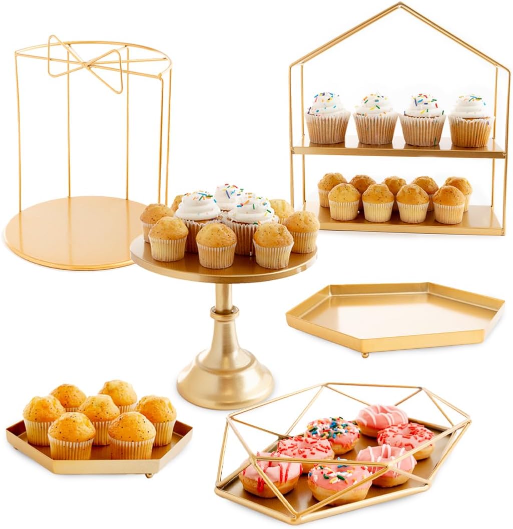 ANGORA BRANDS Gold Cake Stand Set – 6-Piece Dessert Display Set for Wedding, Birthday, or Party – Metal Gold Cake Stands for Dessert Table – Elegant Tiered Serving Trays by Roppa