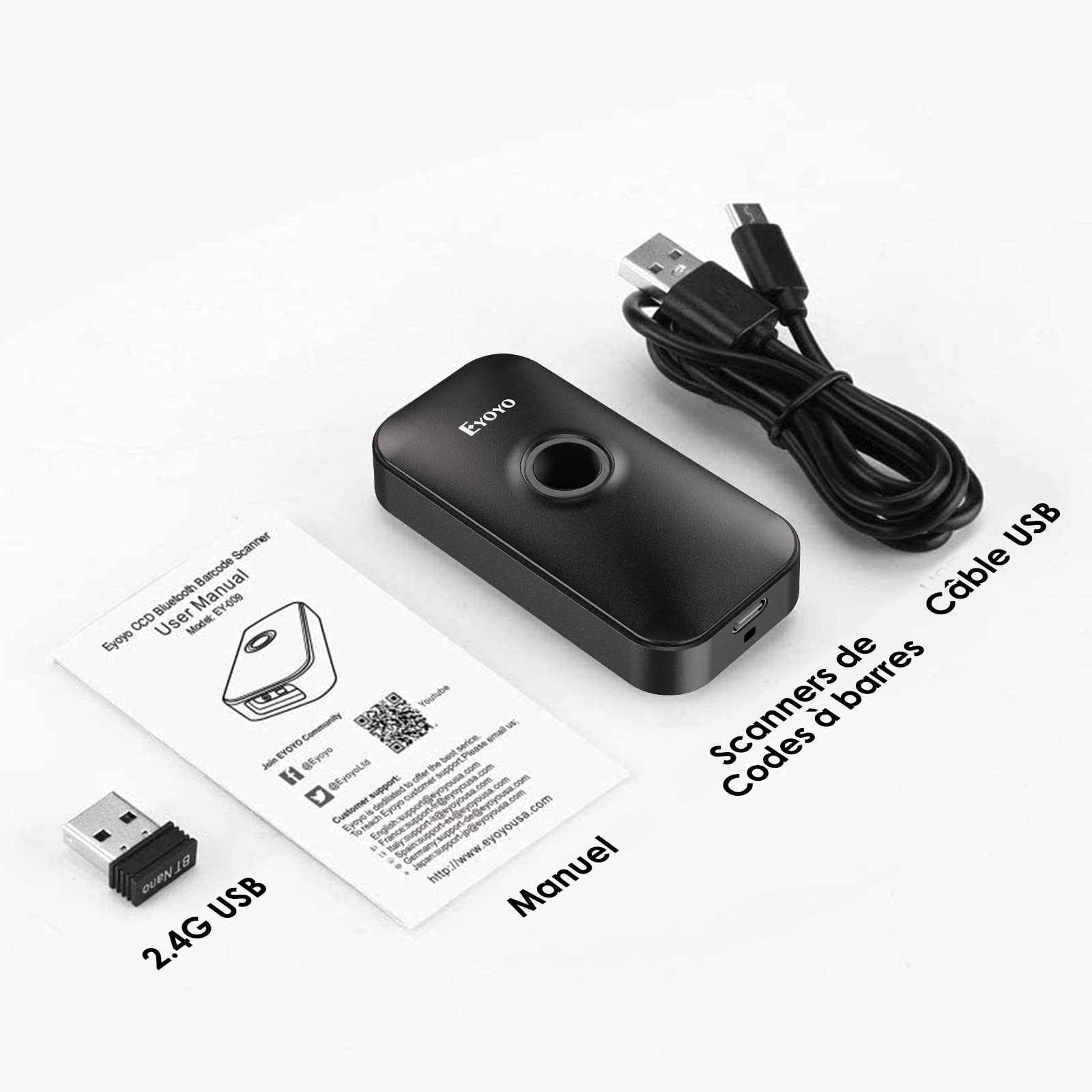 Eyoyo 2D Bluetooth Barcode Scanner, Douchette Lecteur Code Barre sans Fil 1D QR pour iPhone iPad iOS Android PC