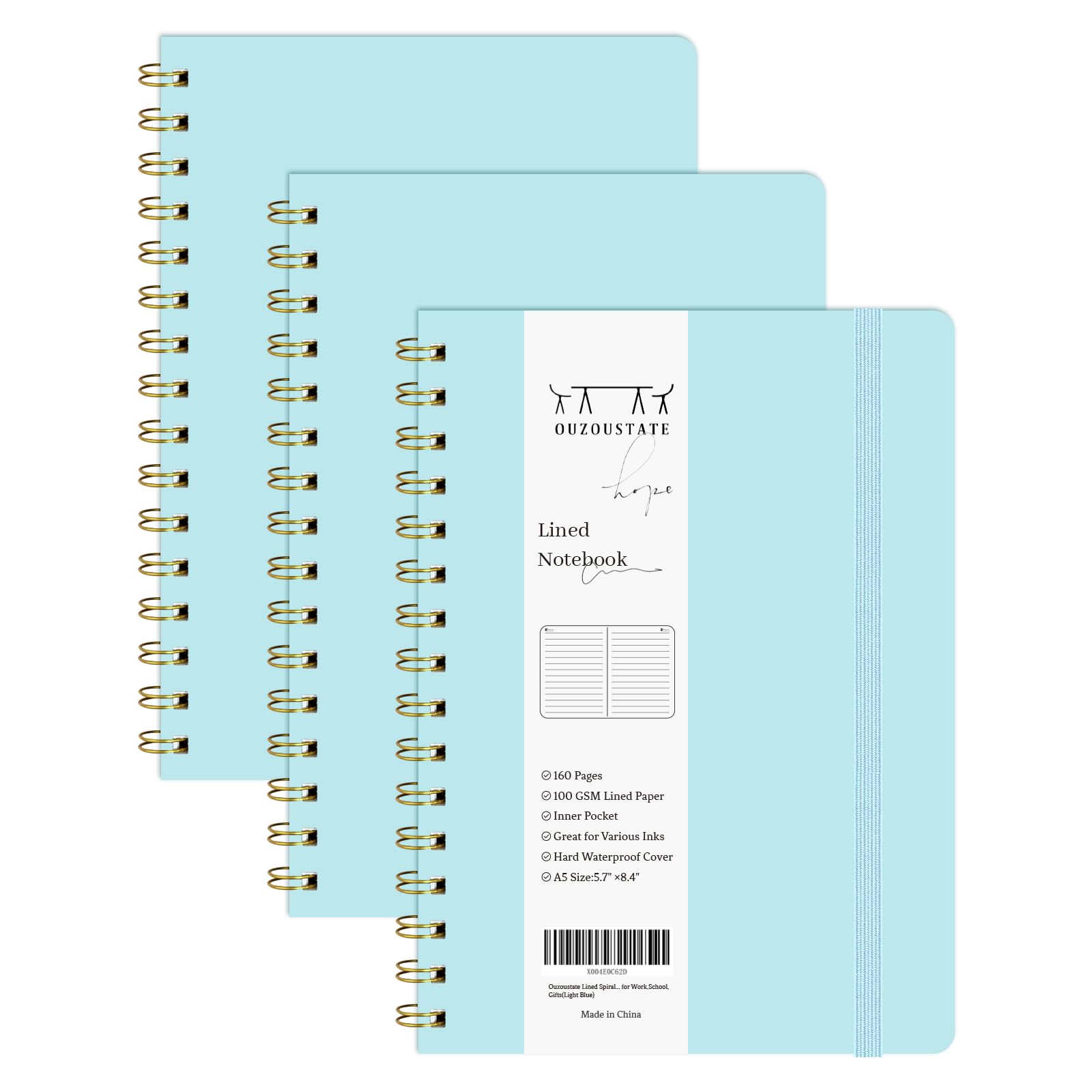 Ouzoustate Lined Spiral Notebook 3Pcs A5 Hardcover Journal 160 Pages-5.67" x 8.4"Spiral Bound Notebook with Date,Pocket,Elastic Band for Work,School,