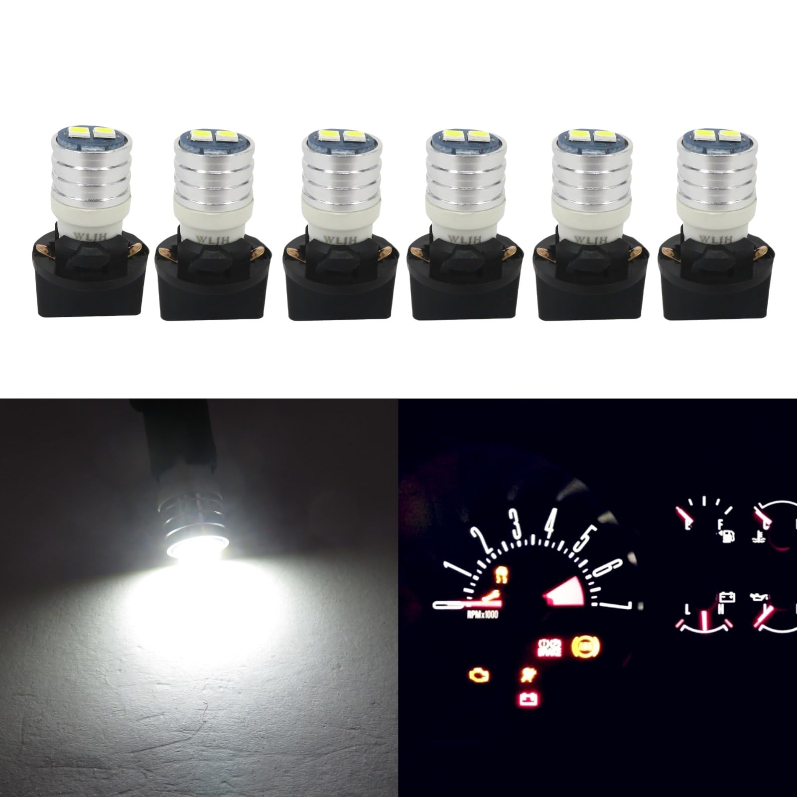 WLJH T10 Led Interior Lights Car Gauge Dashboard Dash Light Instrument Cluster Panel w5w 2825 194 Led Bulb Twist Socket Pc195 Pc194 Pc168 Super Bright 12V (White,Pack Of 6)