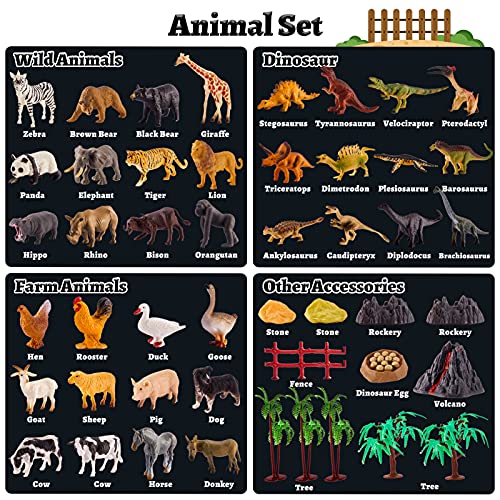 TOEY PLAY 3 in 1 Tierfiguren, Dinosaurier Figuren, Safari Wildtiere, Bauernhof Spielzeug, 56 Stück mit Portable Koffer, Geschenk für Kinder Jungen ab 3 Jahre