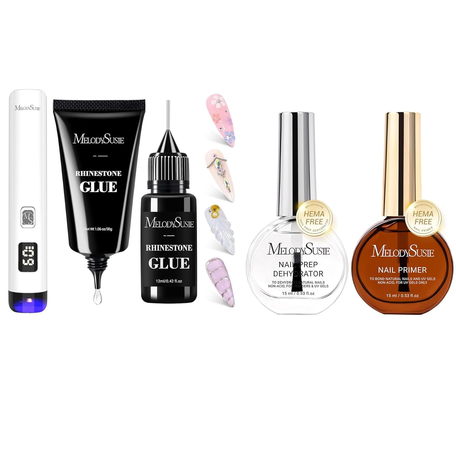 Melodysusie Nail Rhinestone Glue and White Handheld UV Light for Gel Nails MelodySusie 2PCS Nail Dehydrator and Primer