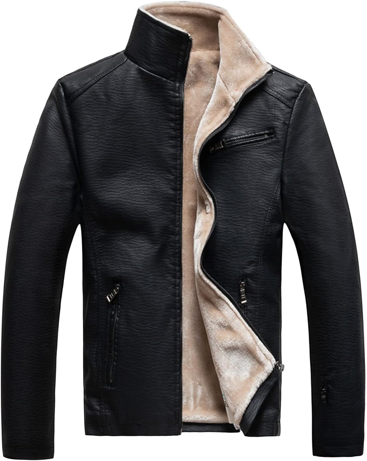JEsilunmaMY Mens Warm Leather Jacket Zip Long Sleeve Fleece Lined Motorcycle Coat Slim Fit Fall Winter Bomber Biker Outwear