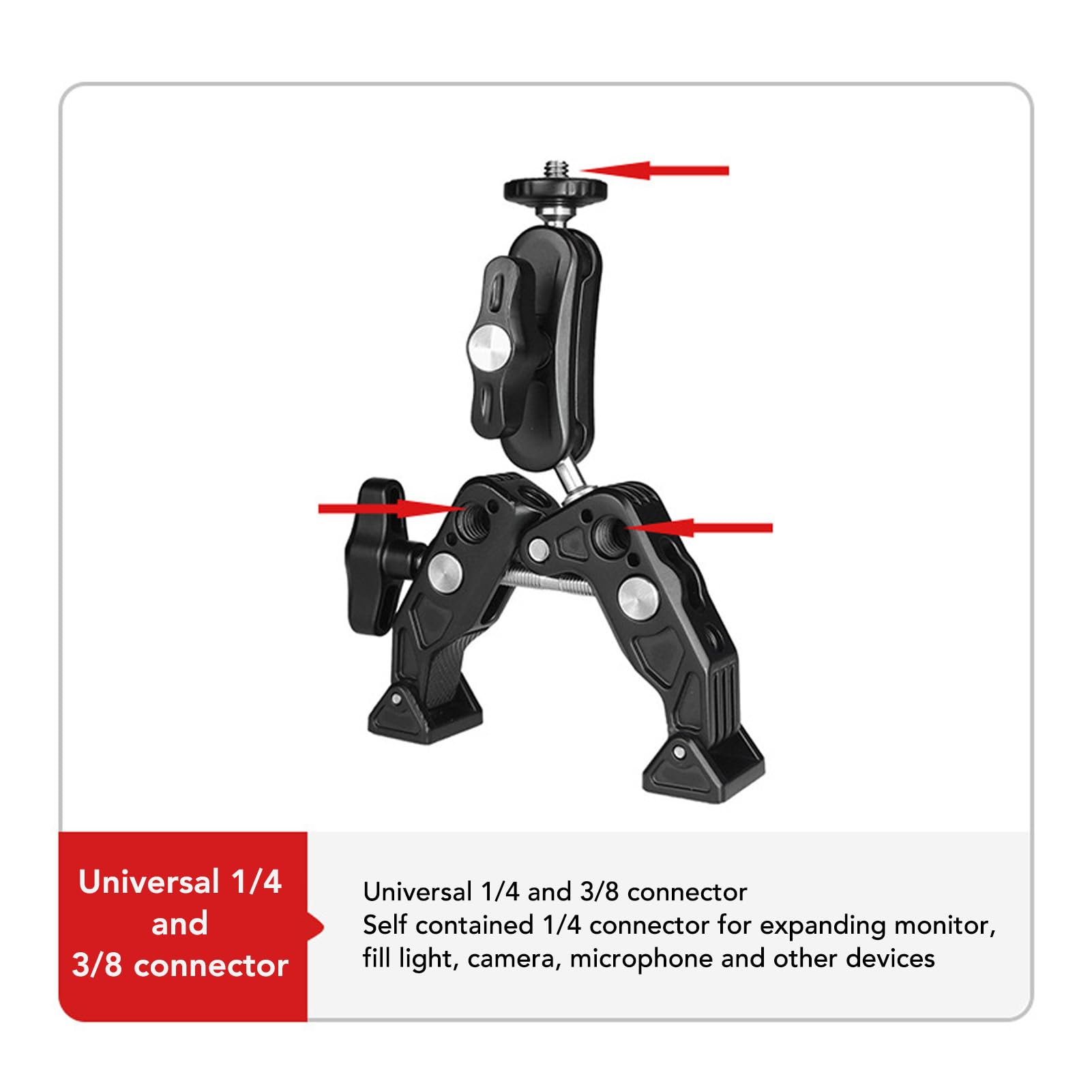 Podwójny uchwyt Super Clamp Mocowanie kamery ze stopu aluminium Adapter zaciskowy z głowicą kulową z interfejsem 1/4 3/8 cala do monitora Oświetlenie LED Profesjonalny sprzęt