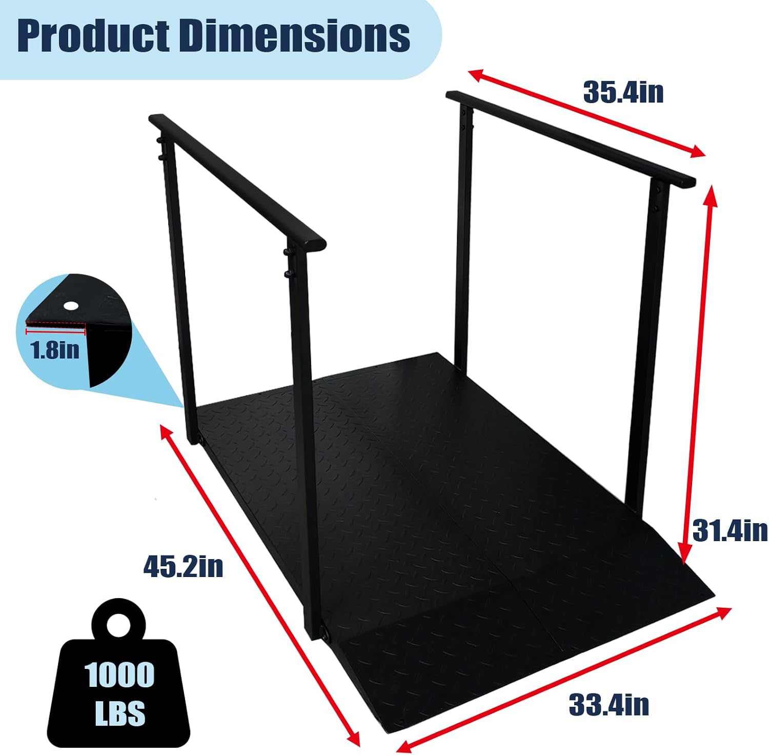 45" Wheelchair Ramp with Handrails for 5-7" Rise, Non-Slip Iron Handicap Ramps for Steps, Threshold Ramp for Home Entry Stairs Curbs, Heavy Duty Ramp 1000 Lbs Capacity (Black)