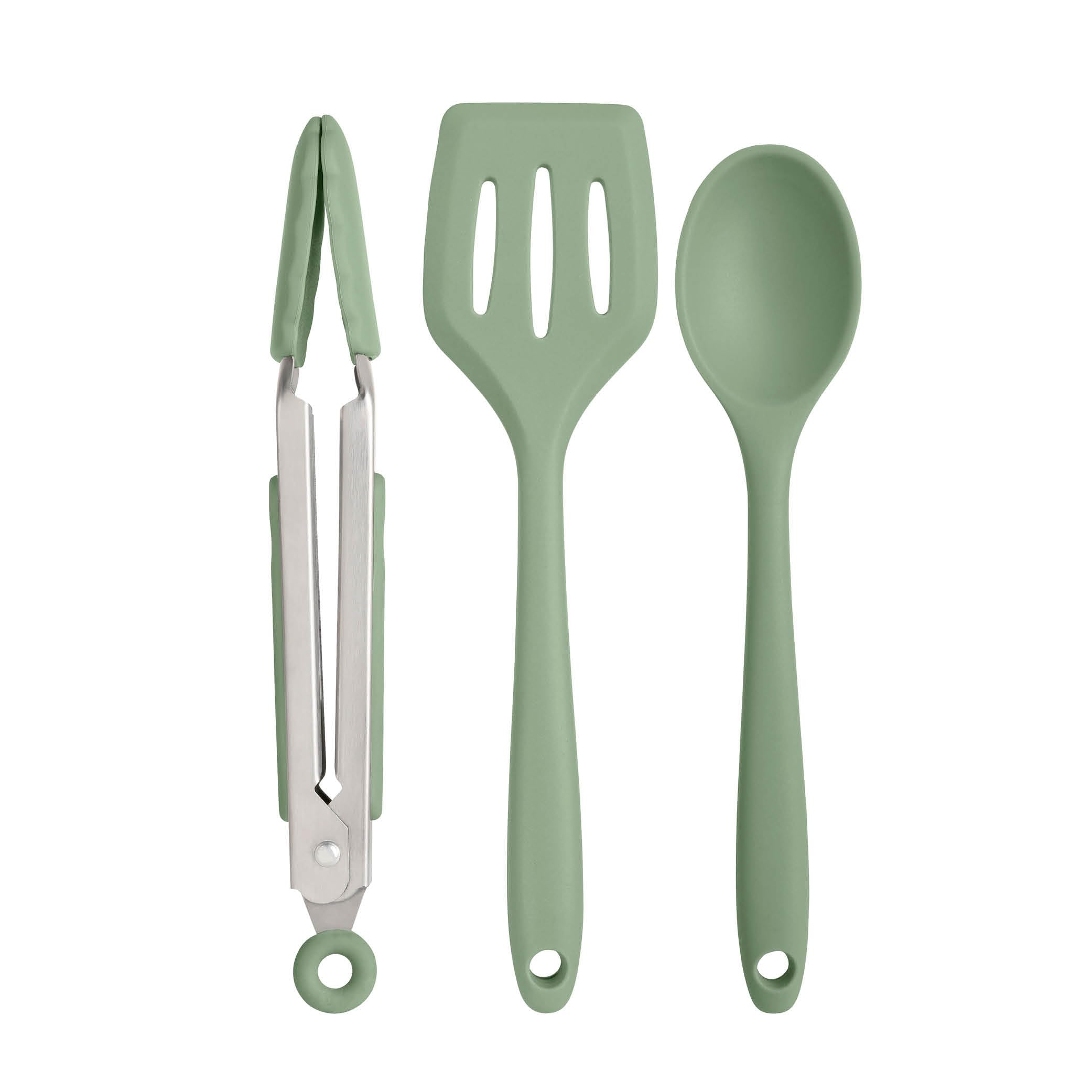 Wiltshire Silicone Mini Kitchen Tongs, Serving Spoon & Turner Set of 3, Cooking Spoon Serving Tongs & Spatula, Salad Tongs Stainless Steel, Heat-Resistant Utensil, Non-Stick, Non-Scratch, Moss