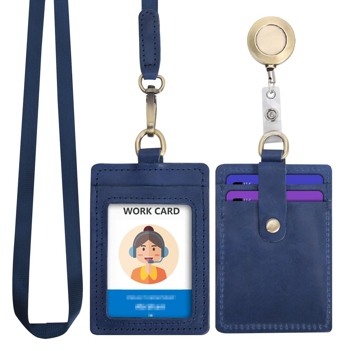 Wonderpool ID Badge Holder Genuine Leather Card Slots Case with Detachable Neck Lanyard and Retractable Badge Reel for Office School Hospital