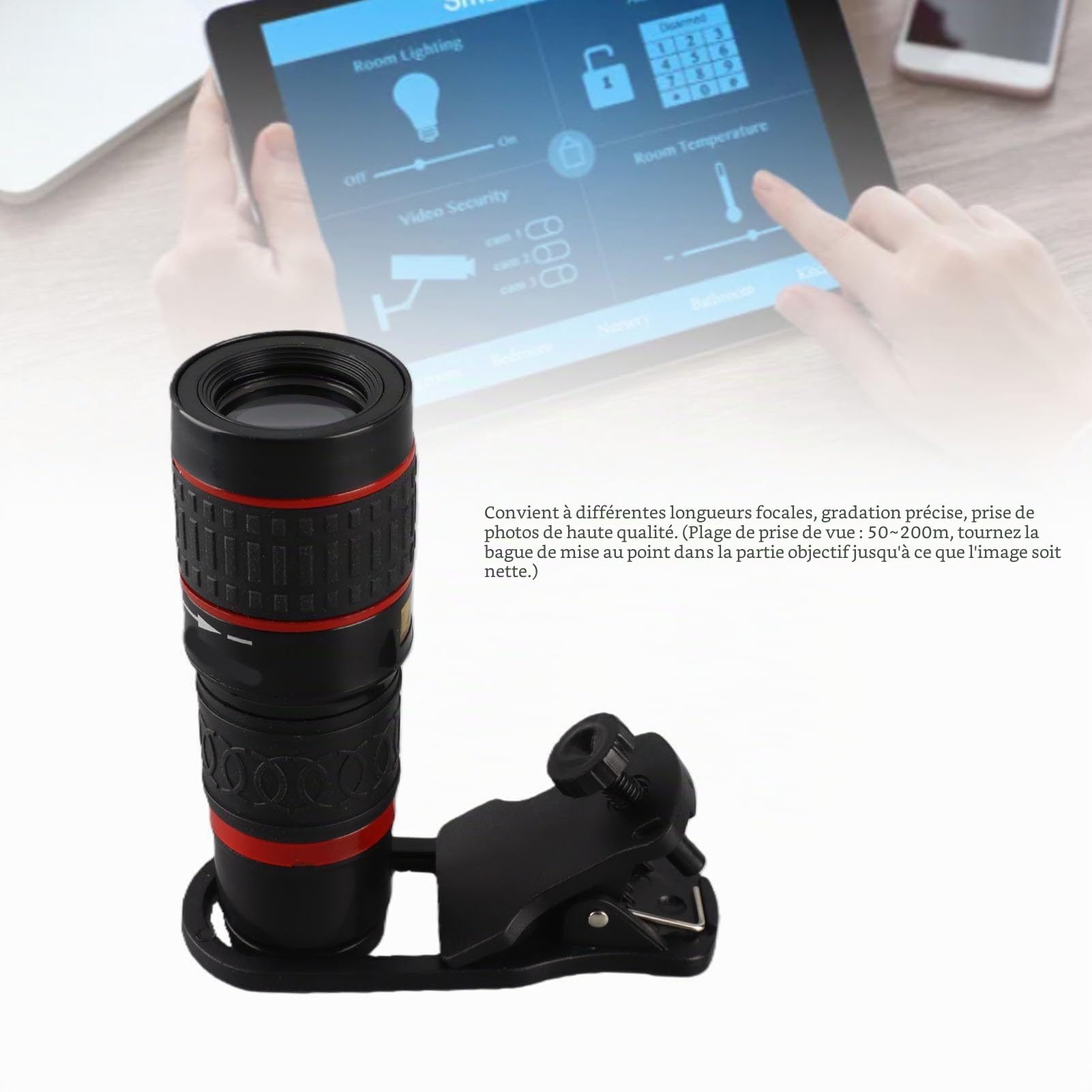Objectif Zoom pour téléphone Portable, Objectif Zoom 20x Longue focale avec Clip pour Smartphone, Tablette, PC Noir