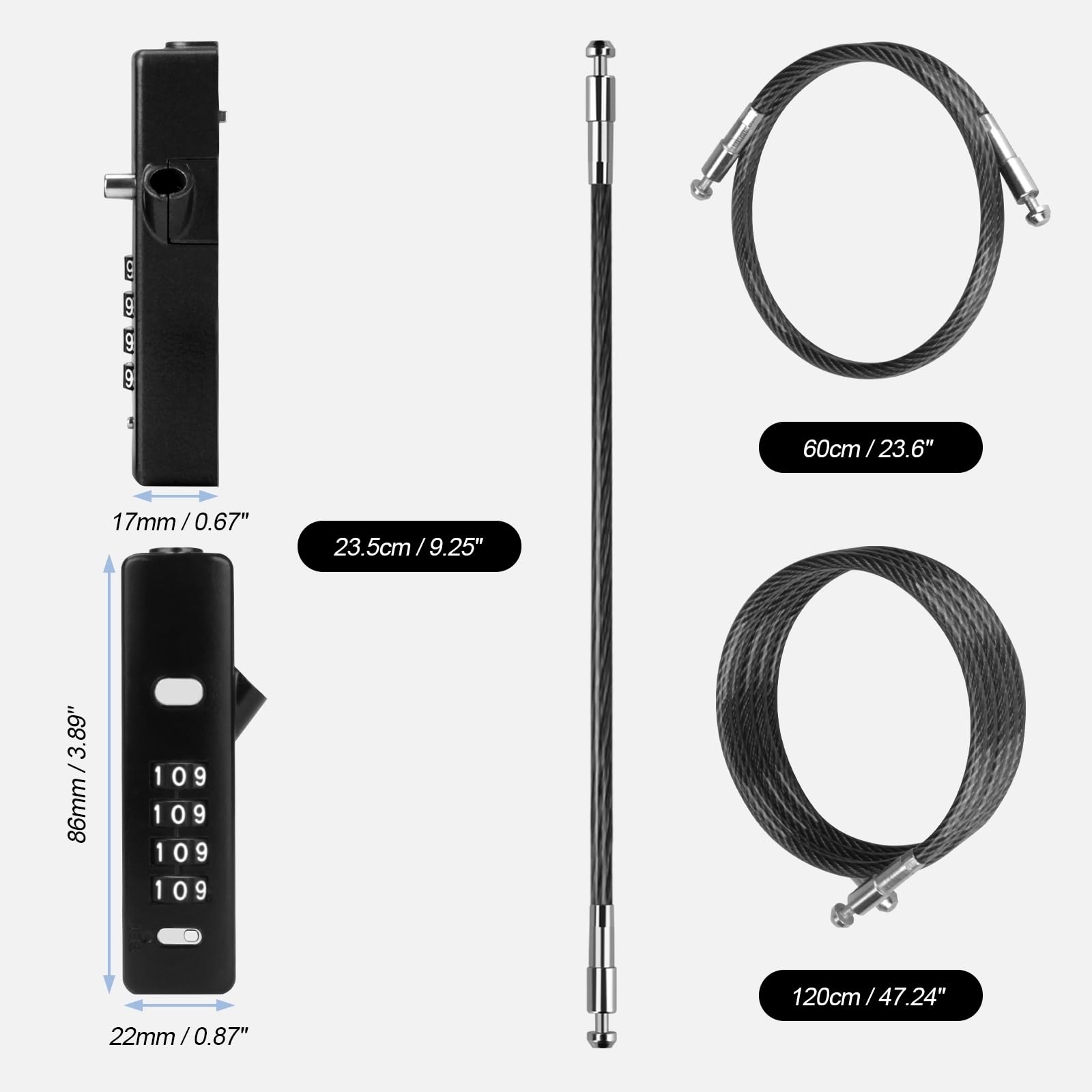 Cadenas à câble polyvalent – Cadenas à combinaison à 4 chiffres avec 3 cordes interchangeables en acier tressé (22,9 cm/59,9 cm/129,9 cm) – Idéal pour vélos, scooters, snowboards, armoires et portails