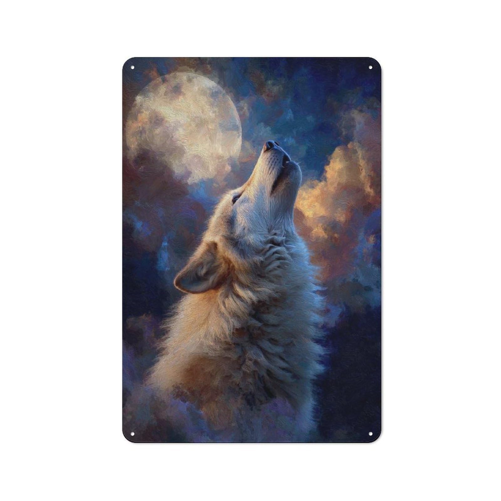 Decorative Metal Plaque with Wolf Howling at The Moon Painting Design 30x20cm, Modern Retro Studio Wall Art for Workspace, Cafe, Hallway Or Garage
