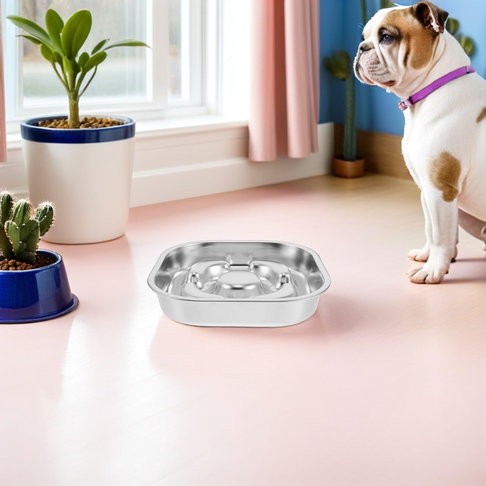 Ciotola Slow Food per Cani in Acciaio Inox 23X23 CM Base Antiscivolo, Ciotola per Alimentazione Lenta Cuccioli e Cani Piccoli, Accessorio per Pasto Controllato e Gestione Peso