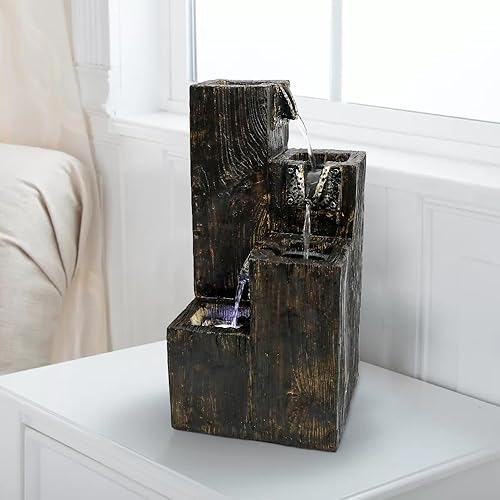 Miniatura 2 de Fuente de agua de mesa de 4 niveles con luz LED, 15.7 pulgadas de alto, moderna cascada de madera de resina para interiores y decoración relajante