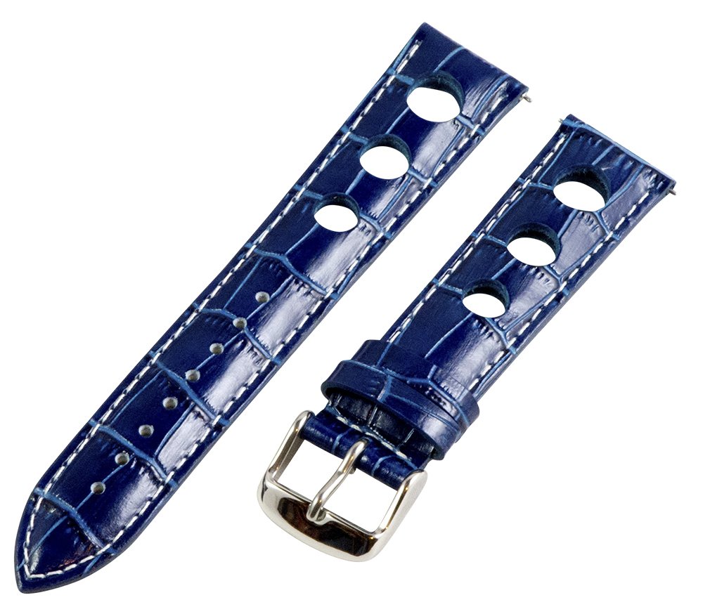 Clockwork Synergy, LLC 18mm Rally 3-hole Croco Navy Blue/White Leather Interchangeable Replacement Watch Band Strap