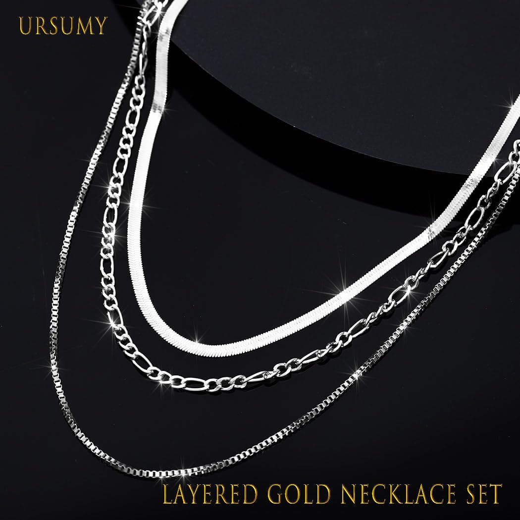 Ursumy Layered Gold Necklaces for Women Dainty Gold Necklace Herringbone Pearl Necklace Womens Simple Jewelry - Image 2