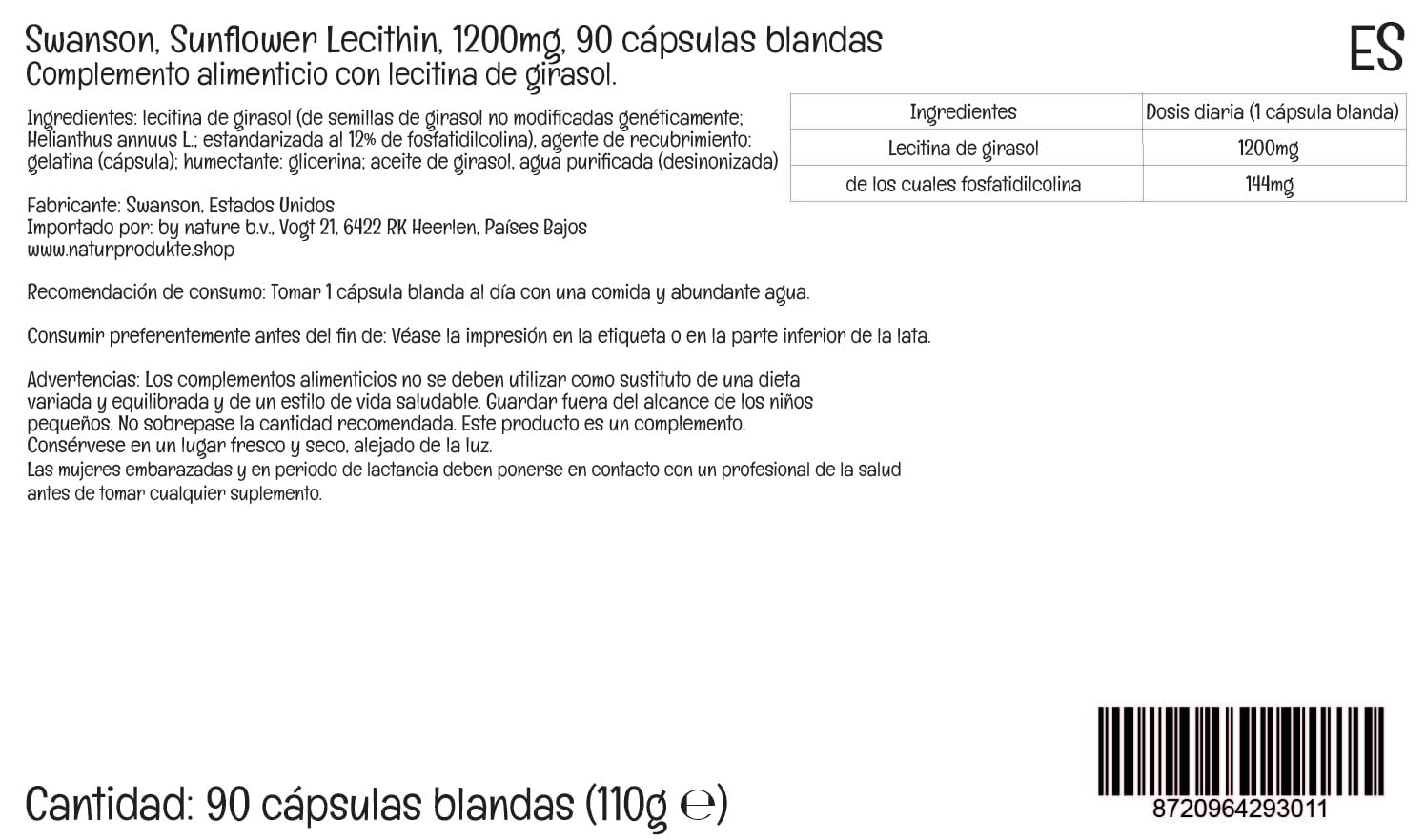 Swanson, Sunflower Lecithin, 1200 mg, Lecitina de Girasol, Alta Dosificación, 90 Cápsulas blandas, Testado en Laboratorio, Sin Soja, Sin Gluten, No GMO