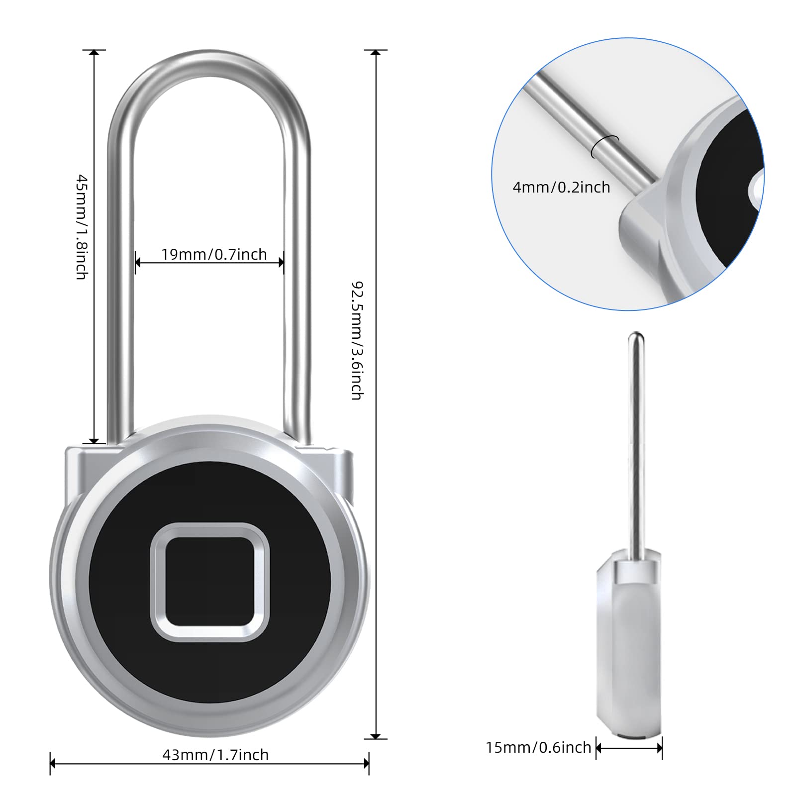 Combination Padlock, Dhiedas Long Shackle Fingerprint Padlock with Bluetooth Fingerprint, USB Rechargeable, Waterproof Outdoor Padlock for Luggage, Gate, Gym, School, Fence, Storage, Hasp Cabinet