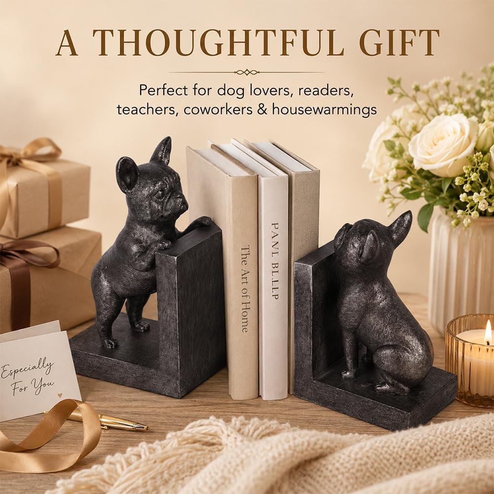 Decorative Bookends for Shelves, Bulldog Dog Bookends for Heavy Books, Dog Statues Book Ends for Desk, Home Office Decor, Cute Animal Book Stopper Holders, Bookshelf Decor with Anti-Slip Base(Pewter)