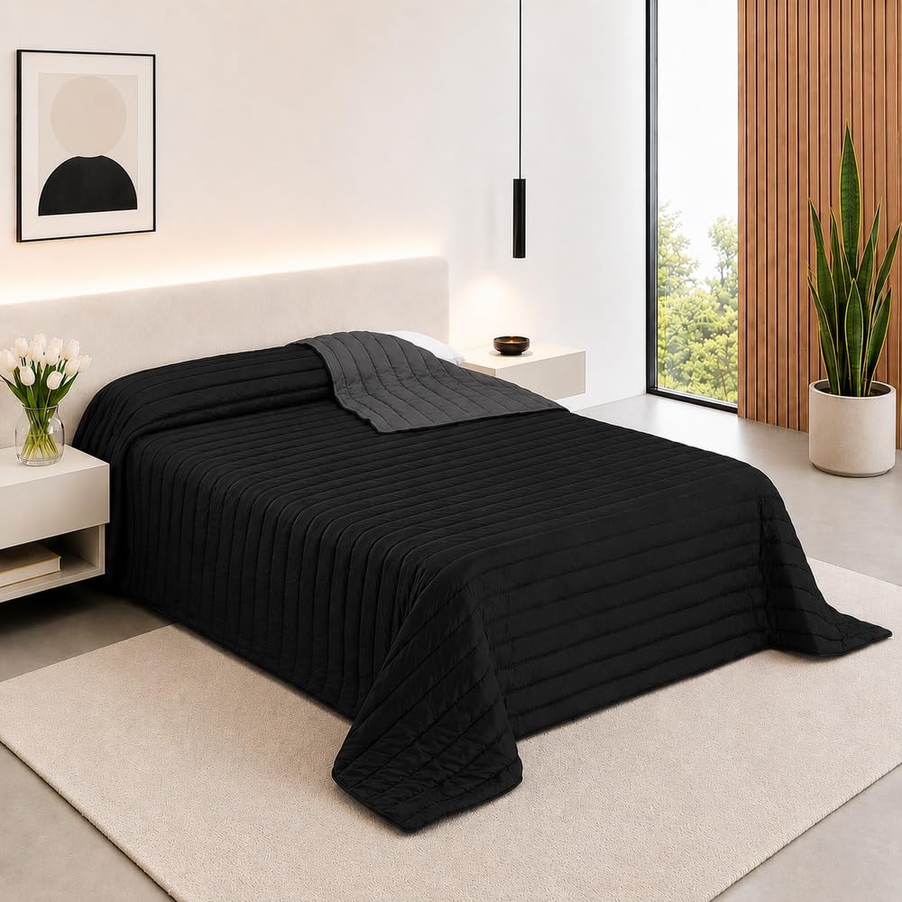 SABANALIA - Colcha Cama 90 Bicolor Multiuso Tutto para Primavera, Verano, Otoño (Disponible en Varias Medidas y Colores) Negro/Gris