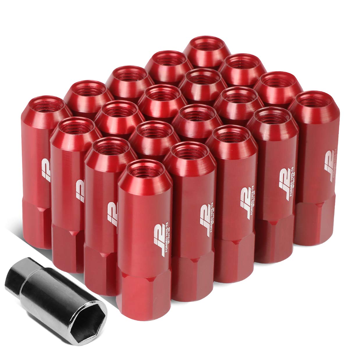 J2 Engineering7075-T6 Aluminum M12 x 1.25 20Pcs 60mm Tall Open-End Lug Nut w/Socket Adapter Red