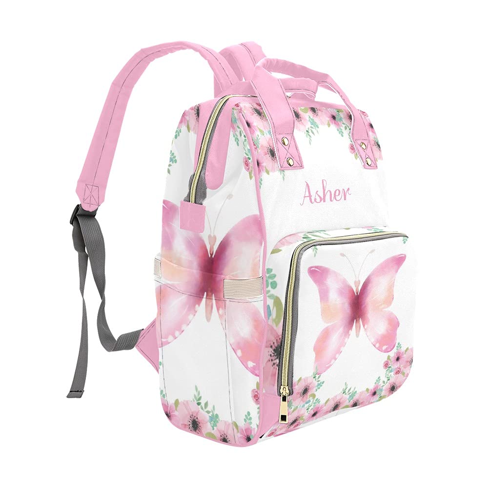 Floral Butterfly Pink Personalized Diaper Bag Backpack Tote with Name,Custom Travel Nappy Mommy for Baby Girl Boy Gift, 10.83 * 6.69* 15