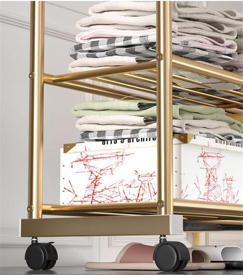 Appendiabiti Dorato su Ruote con 2 Porta Scarpe. Versatile Soluzione per riporre Abiti e Scarpe in Negozi di Abbigliamento e Boutique. Organizzatore Elegante e Funzionale.
