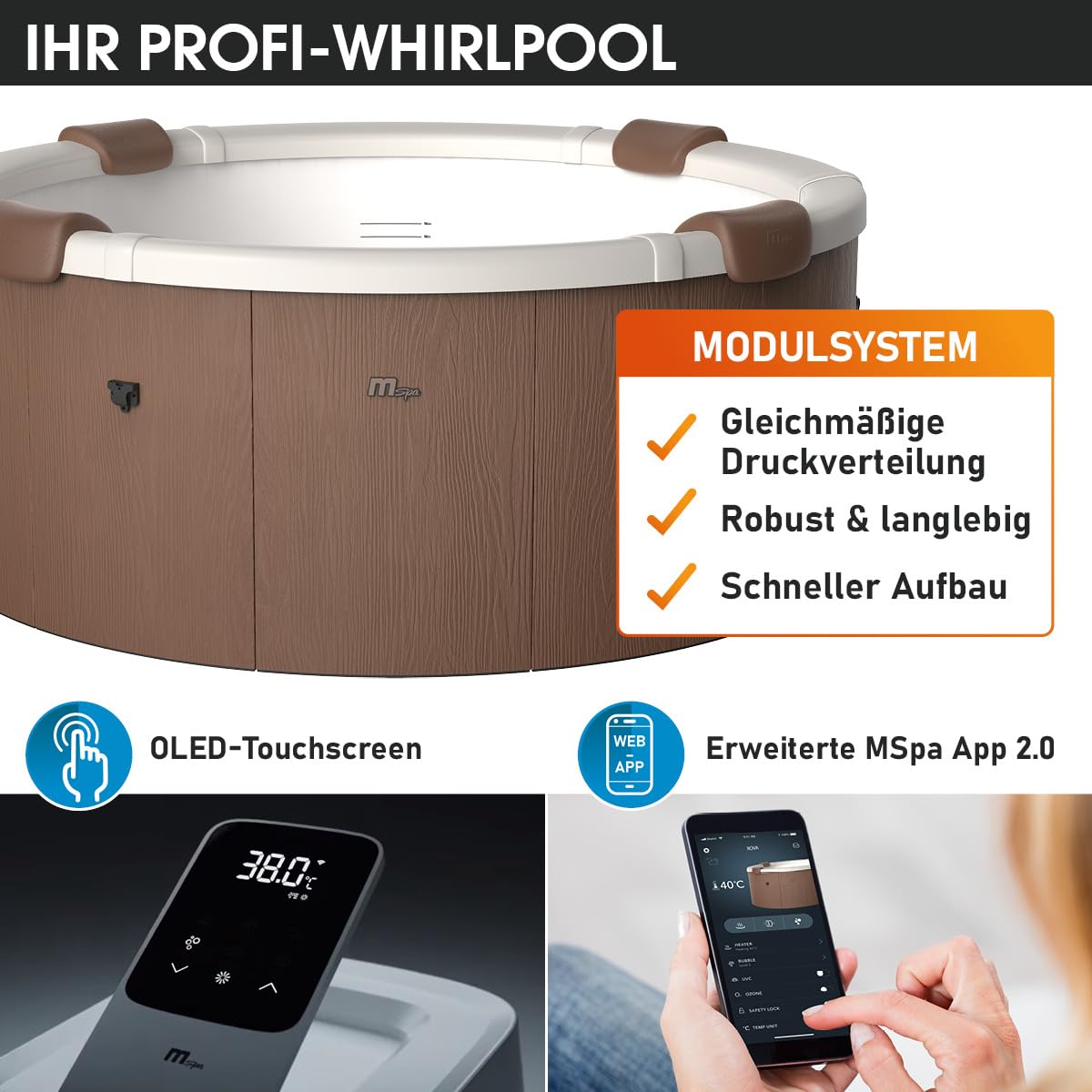 BRAST Whirlpool MSpa Rova mit Fester Außenwand | Ø182x70cm | LED-Beleuchtung mit 20 einstellbaren Farben für 6 Personen | 130 Massagedüsen | Ganzjähriger Einsatz Winterfest | In & Outdoor Pool