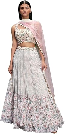Indya White Digital Print Georgette Lehenga Set for Party & Cocktail | Sleeveless | Crew Neck | Indian Ethnic Wear