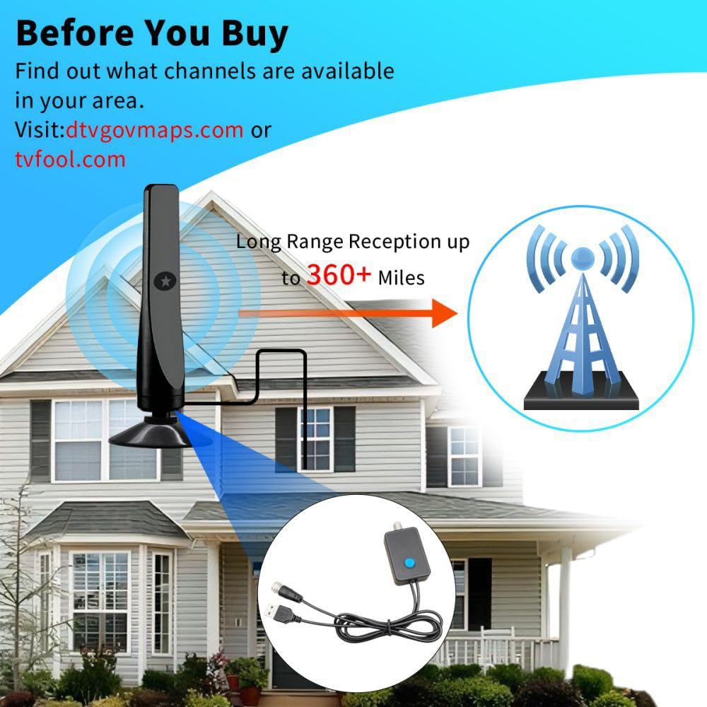 Antenna TV digitale per interni aggiornata 2025 con amplificatore di segnale – Ricezione a lungo raggio di 80 km, supporta Freeview 4K/1080P HDTV per Smart TV, cavo coassiale da 3M e design