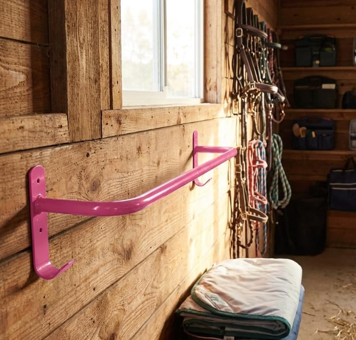 Professional Equestrian Rug Rail, Pink Wall Mounted Horse Rug Holder with Hooks, Powder-Coated Heavy Duty Stable Organizer for Horse Rugs & Tack