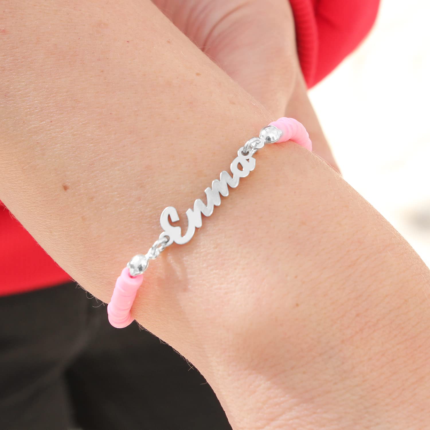 Pulsera Personalizada con Nombre de Plata de Ley y Arcilla Polimérica de Colores- Regalo para mujer hija nieta (Rosa chicle)