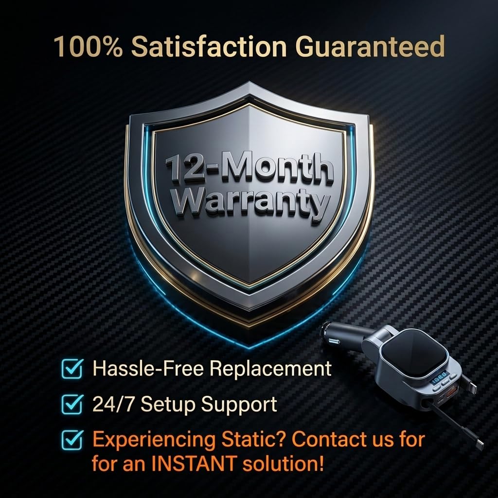 96 W auto retrattile caricabatterie con adattatore per auto Bluetooth, ricarica rapida 4 in 1, trasmettitore radio Bluetooth 5.3 FM, chiamate in vivavoce, adattatore per caricabatterie da auto USB C