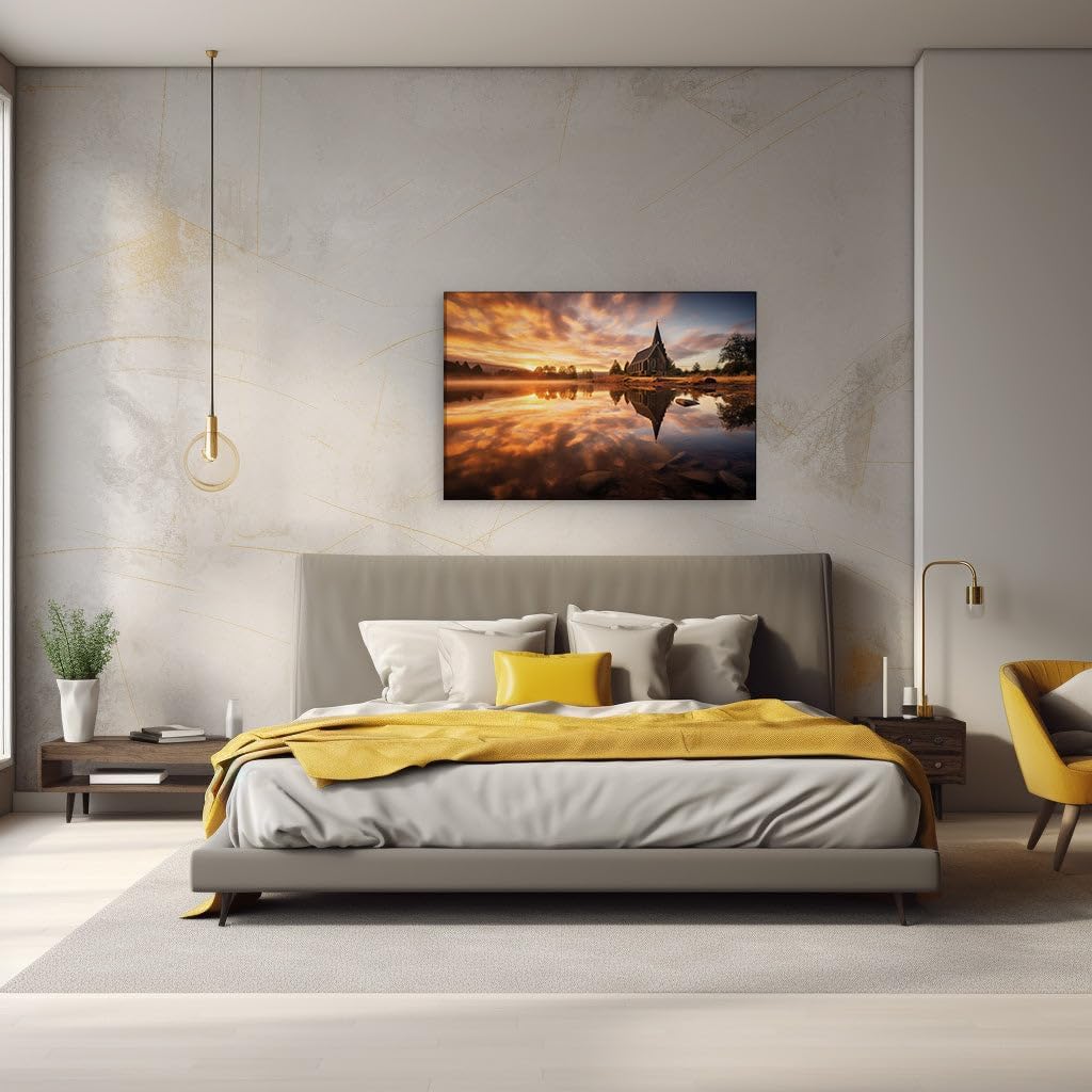 Canvas for Living room. Reflective Serenity: Sunrise Over a Lakeside Sanctuary, 27 x 18 inch Canvas Wall Art - Contemporary Masterpieces - Modern Home Decor