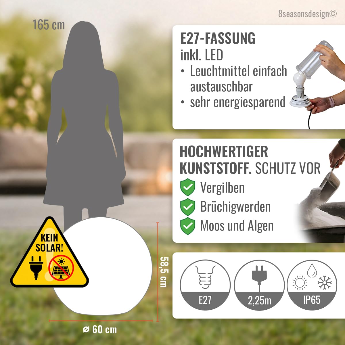 8 seasons design LED Kugelleuchte 60 cm Shining Globe (weiß), E27, Leuchtmittel warmweiß – wetterfest – große Kugellampe für außen (Garten, Terrasse, Balkon) und innen – robust & langlebig
