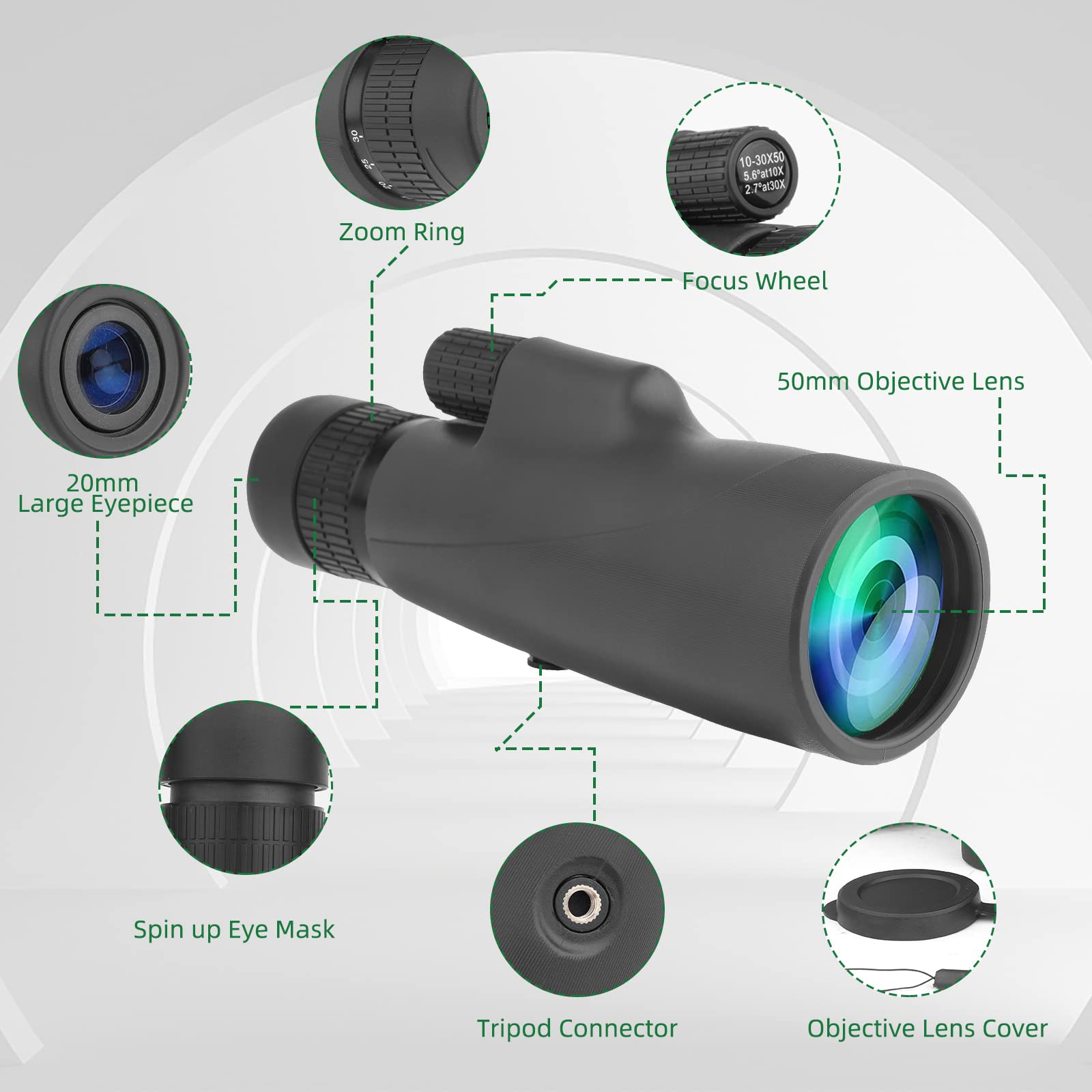 Télescope Monoculaire,Monoculaire 10-30X50 Zoom HD,Télescope Monoculaire à Prisme FMC BAK4 Haute Puissance avec Adaptateur de Téléphone à Bandoulière pour Observation des Oiseaux Chasse Camping