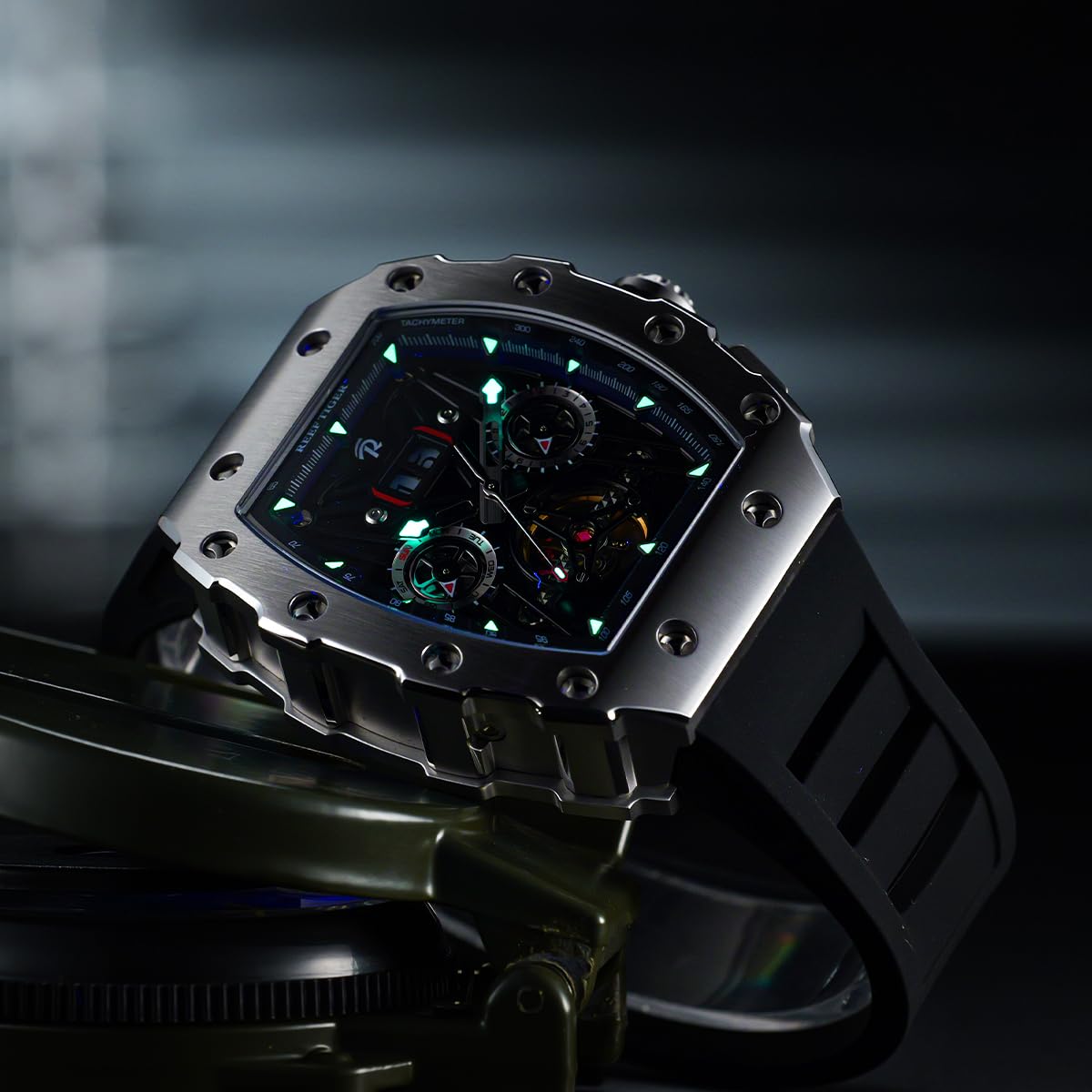 REEF TIGER Fashion Men’s Titan Rose Gold Tonneau Mechanical Watch Multifunctional Self-Winding Automatic Rubber Watches RGA3009