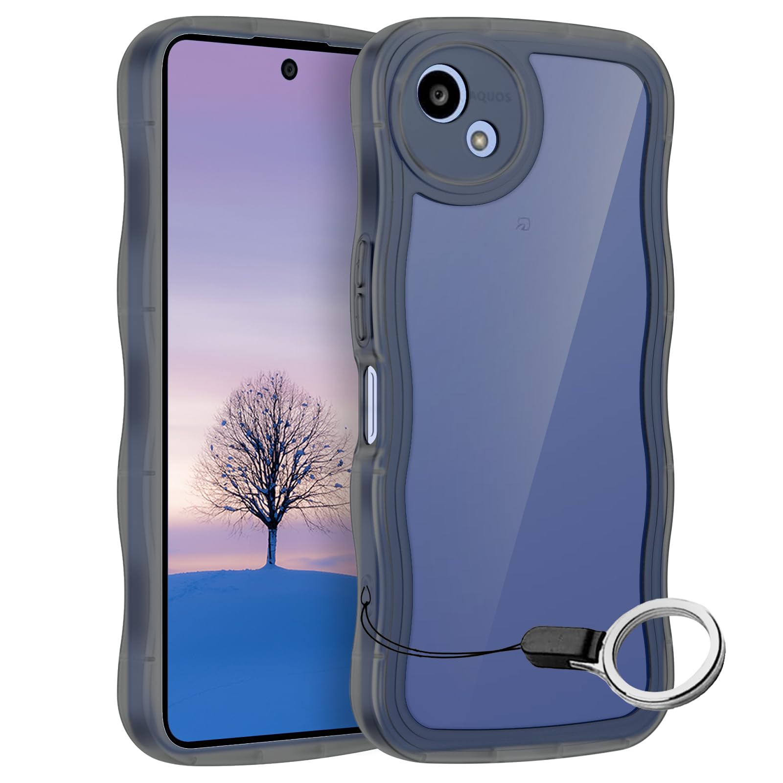 AQUOS wish5 ケース クリアブラック ウェーブ SH-52F TPU波状のバンパー 半透明 スマホケース かわいい うねうね アクオス ウィッシュ5 SH-52F ウェーブ デザイン 可愛い 韓国 女性用 薄型 人気 おしゃれ 耐衝撃 ストラップホール付き(ブラック)