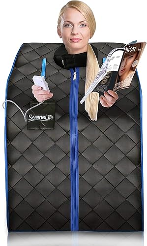 SereneLife AZSLISAU10BK - Sauna infrarroja, Spa para una persona con almohadilla para pies y silla portátil, color negro