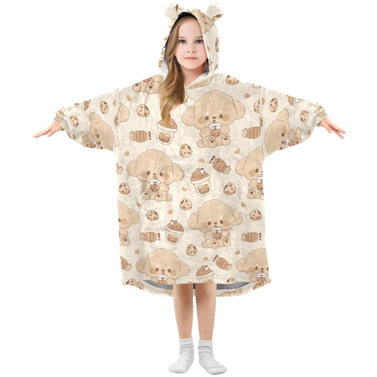 Uroczy pies i mleko Boba dziecięcy koc do noszenia bluza z kapturem oversize bluza koc sweter kawaii dla chłopców i dziewcząt w wieku 3-14 lat