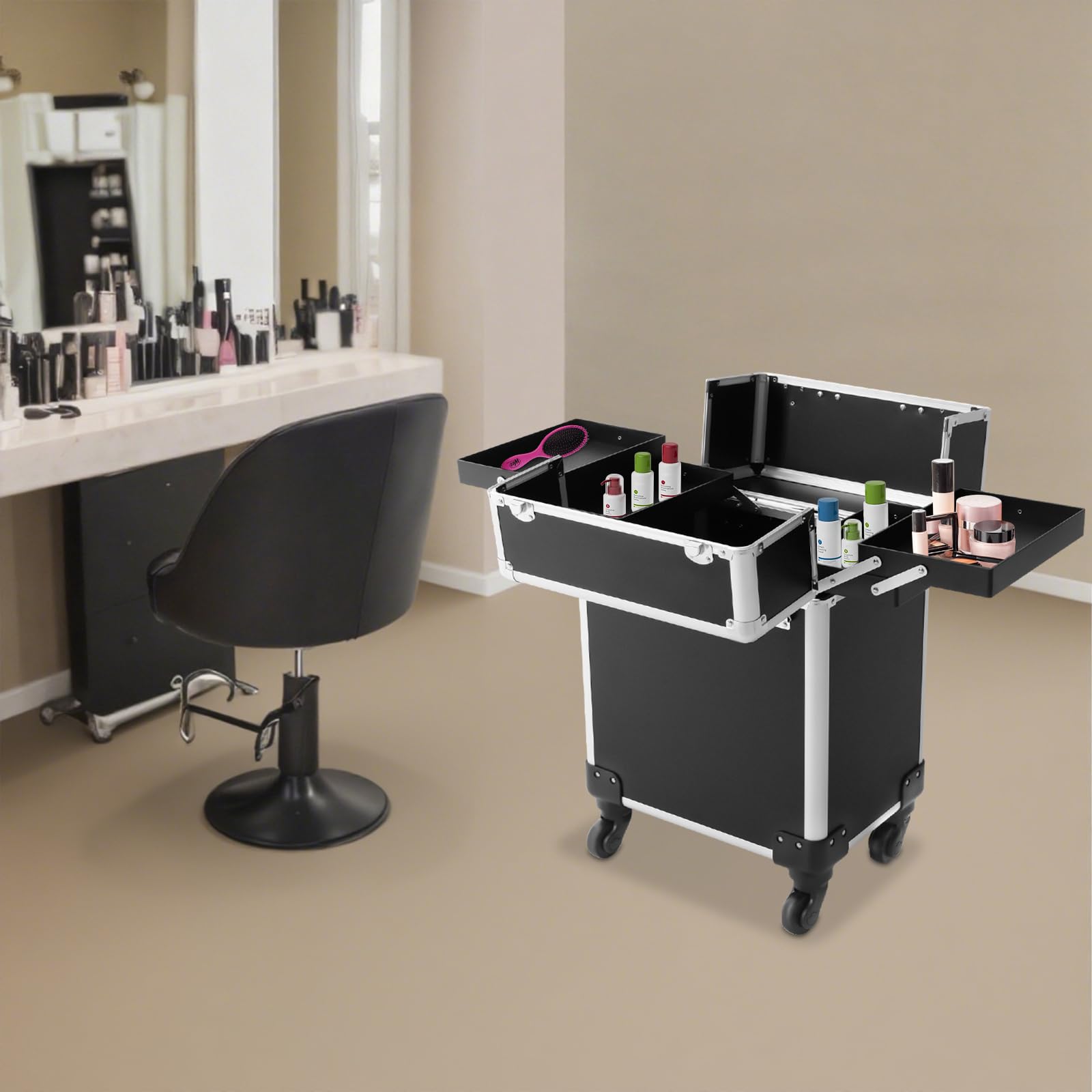 Valigia per il trucco professionale, valigetta per il trucco con ruote, valigetta cosmetica, ruote staccabili 360, manico telescopico a 3 posizioni, trasporto facile da viaggio, lavoro a casa
